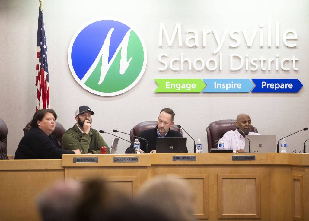 School board members listen to public comment during a Marysville School Board meeting on Monday, June 3, 2024, in Marysville, Washington. (Olivia Vanni / The Herald)
