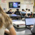Maplewood Parent Cooperative School seventh and eighth grade students listen to Climate Solutions(?) speak about sustainable construction practices during a science class for the students Sustainable Schools engineering units on Friday, June 7, 2024 in Edmonds, Washington. (Olivia Vanni / The Herald)