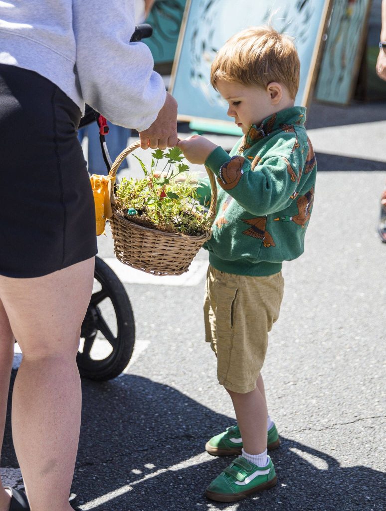 Benjamin Elen, 3, hands his mother a flower basket he picked out during Sorticulture on Friday, June 7, 2024, in Everett, Washington. (Olivia Vanni / The Herald)