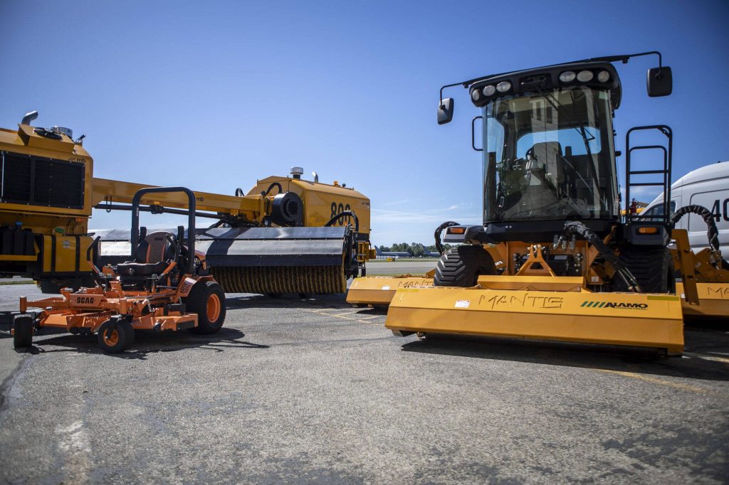 Equipment used at Paine Field is displayed during a roundtable discussion at the Paine Field Airport Maintenance Department in Everett, Washington on Thursday, June 6, 2024. Members of the industry discussed how the FAA Reauthorization bill, signed into law last month, is expected to benefit Paine Field. (Annie Barker / The Herald)