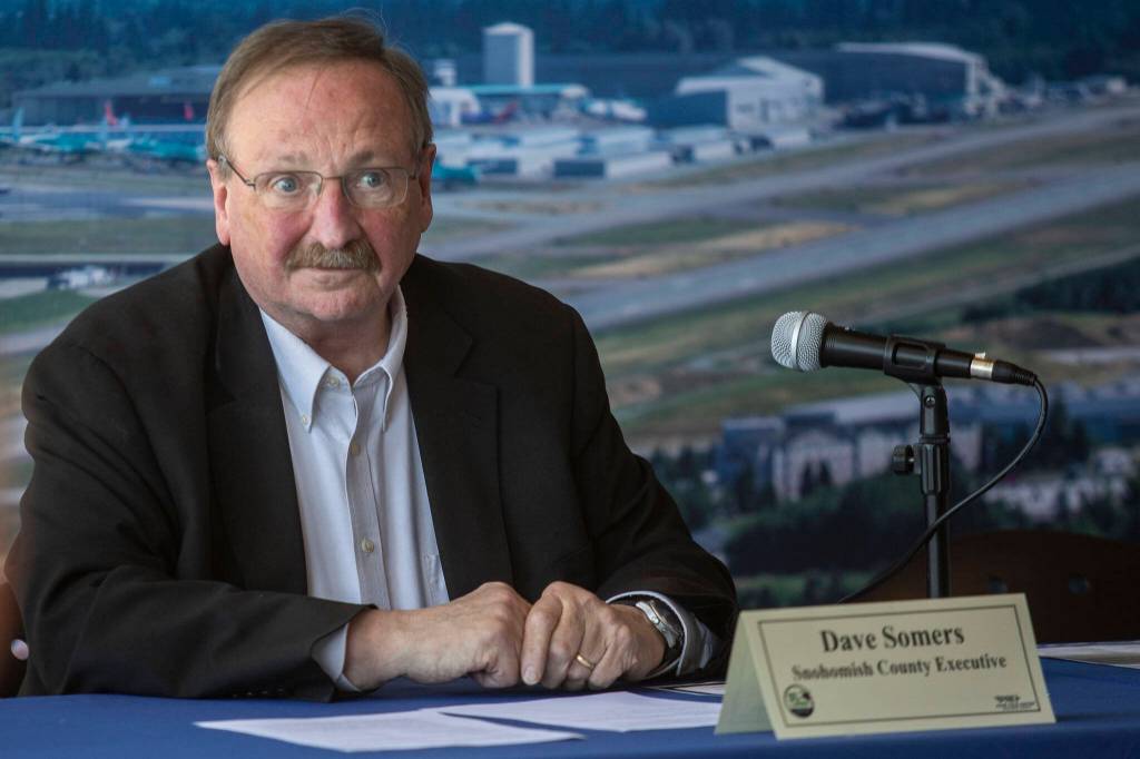 County executive Dave Somers speaks during a roundtable discussion at the Paine Field Airport Maintenance Department in Everett, Washington on Thursday, June 6, 2024. Members of the industry discussed how the FAA Reauthorization bill, signed into law last month, is expected to benefit Paine Field. (Annie Barker / The Herald)