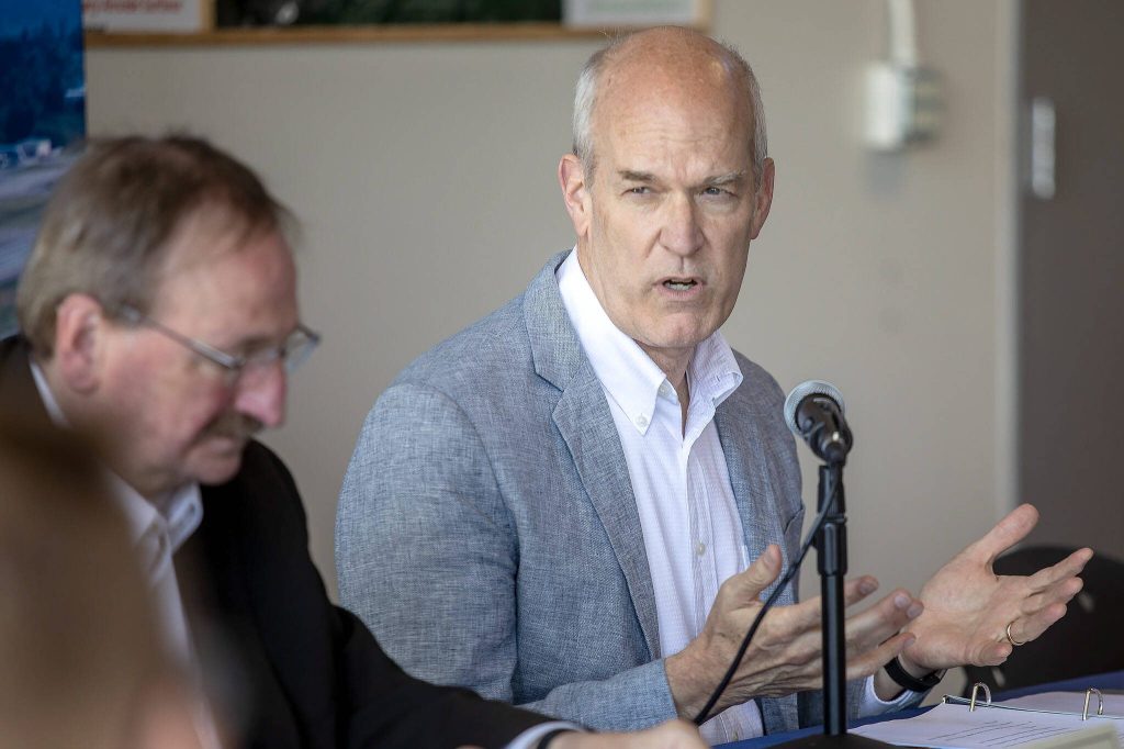 Rep. Rick Larsen speaks during a roundtable discussion at the Paine Field Airport Maintenance Department in Everett, Washington on Thursday, June 6, 2024. Members of the industry discussed how the FAA Reauthorization bill, signed into law last month, is expected to benefit Paine Field. (Annie Barker / The Herald)