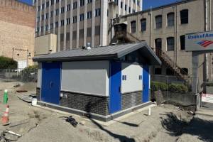 A new two-stall public restroom is under construction at the northeast corner of the Everett Municipal Building’s parking lot in Everett, Washington. (Courtesy of the city of Everett)