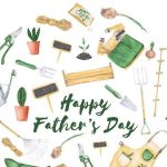 Happy Father's Day greeting card for a gardener father. Garden tools in a round shape. Watercolor gardening tools with the sign "Happy Father's Day". Hand-drawn garden clipart.