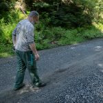 Recreation Management Specialist Jonathan Sotherland of the U.S. Forest Service checks the feel of the gravel on Mountain Loop Highway on Thursday, June 6, 2024, in rural Snohomish County, Washington. Sotherland wanted to check the condition of the closed road, and said some spots were a consistency similar to chunky peanut butter. (Ryan Berry / The Herald)