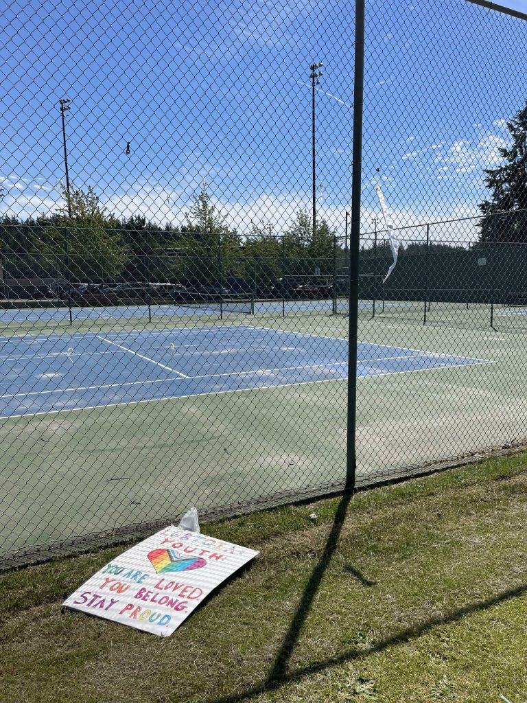 A Pride banner on the high school tennis court fence was valued at over $200 and stolen June 5. (Photo provided)