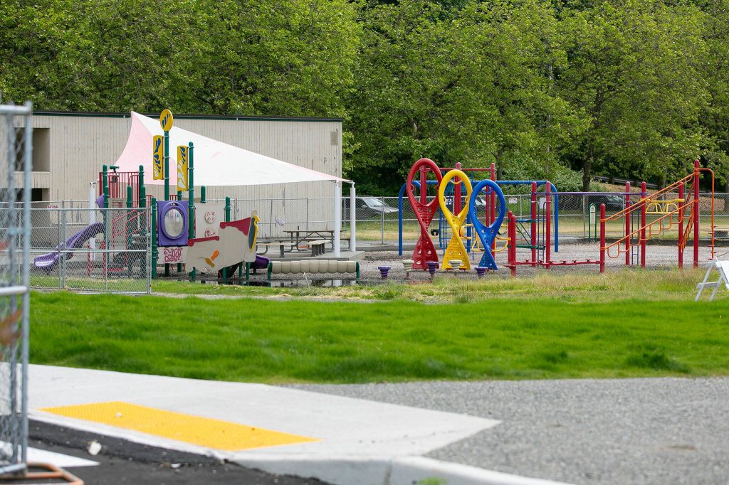 The new playground at Kayak Point Regional County Park is still fenced off for the time being on Friday, June 14, 2024, near Stanwood, Washington. (Ryan Berry / The Herald)