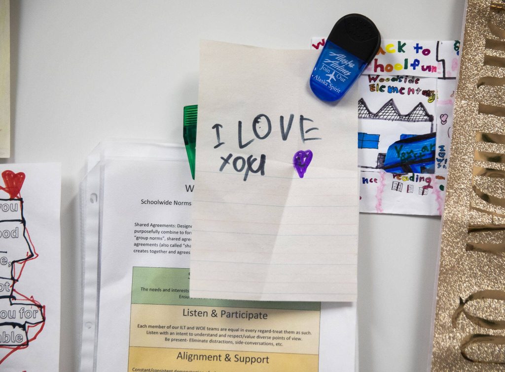 A note from a student hangs on a white board in Principal Betty Cobbs office on Monday, June 17, 2024 in Bothell, Washington. (Olivia Vanni / The Herald)