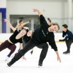 Jean-Luc Baker leads advanced students through a warmup during the Seattle Skating Club 2024 Your True Step figure skating seminar on Saturday, June 15, 2024, at Olympic View Arena in Mountlake Terrace, Washington. (Ryan Berry / The Herald)