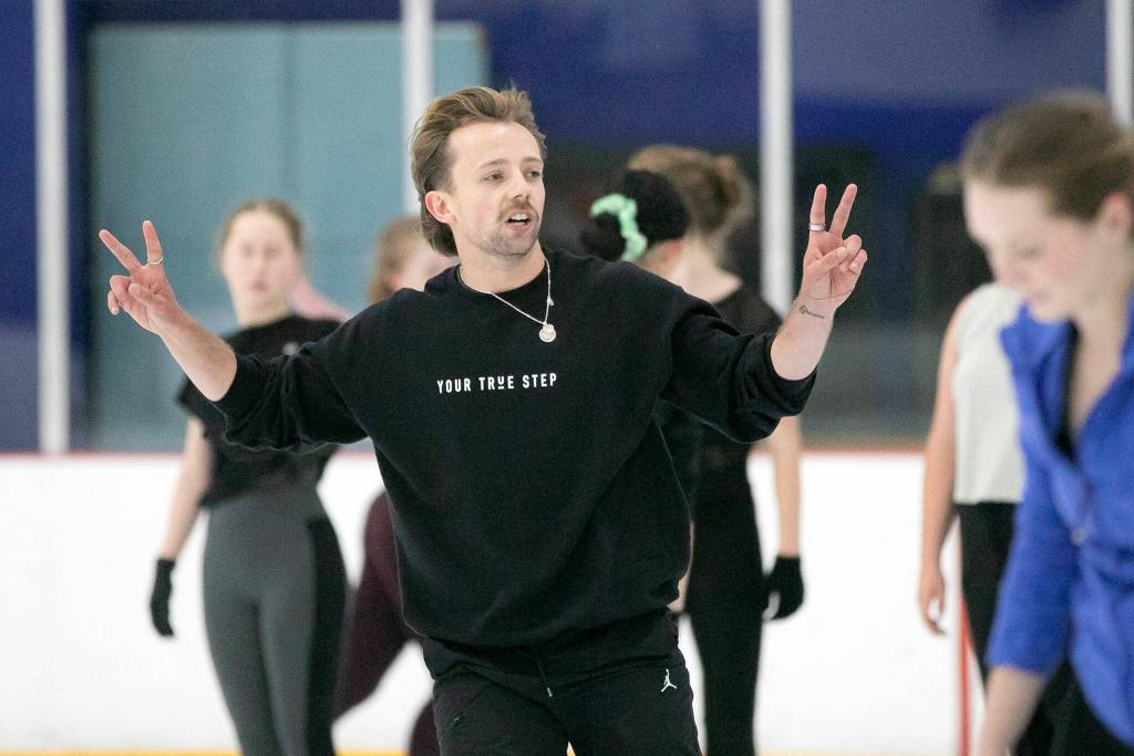Jean-Luc Baker teaches a class about on-ice movement during the Seattle Skating Club 2024 Your True Step figure skating seminar on Saturday, June 15, 2024, at Olympic View Arena in Mountlake Terrace, Washington. (Ryan Berry / The Herald)