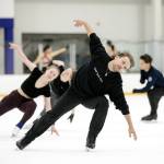 Jean-Luc Baker leads advanced students through a warmup during the Seattle Skating Club 2024 Your True Step figure skating seminar on Saturday, June 15, 2024, at Olympic View Arena in Mountlake Terrace, Washington. (Ryan Berry / The Herald)