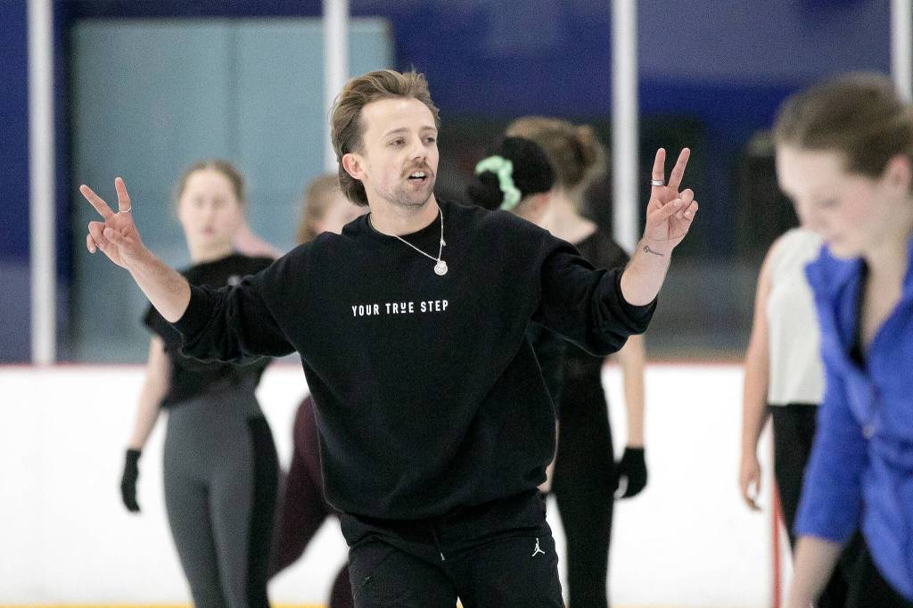 Jean-Luc Baker teaches a class about on-ice movement during the Seattle Skating Club 2024 Your True Step figure skating seminar on Saturday, June 15, 2024, at Olympic View Arena in Mountlake Terrace, Washington. (Ryan Berry / The Herald)