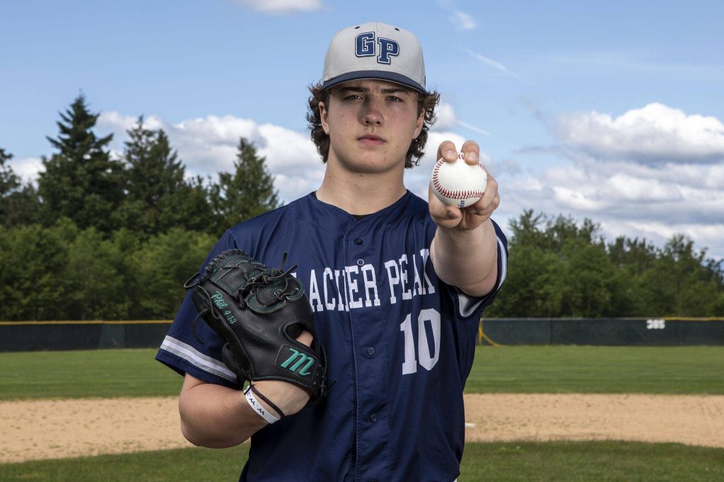 Glacier Peaks Karsten Sweum (10) poses for a portrait as The Heralds Baseball Player of the Year at Glacier Peak High School on Tuesday, June 18, 2024 in Snohomish, Washington. (Annie Barker / The Herald)