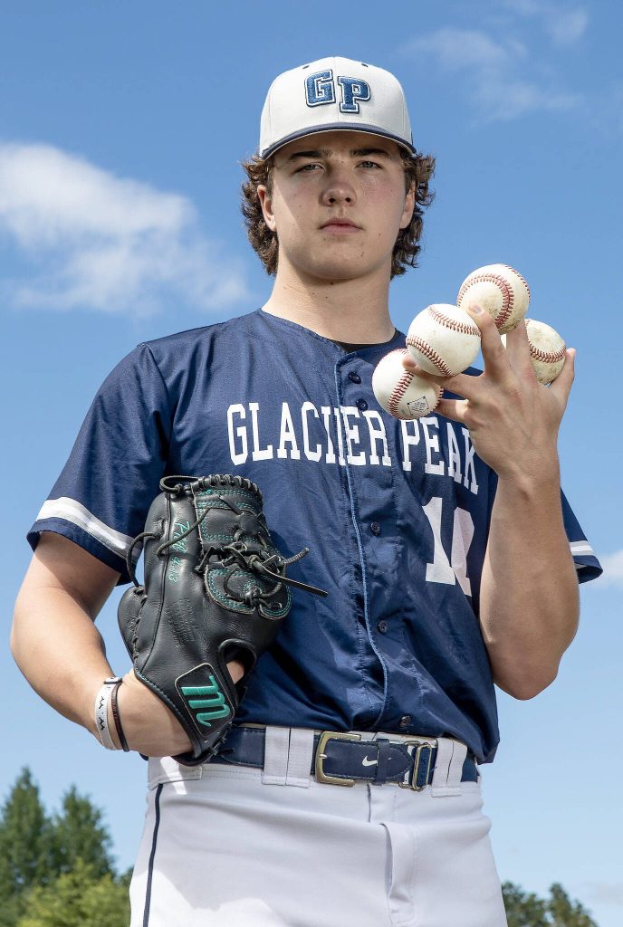 Glacier Peaks Karsten Sweum (10) poses for a portrait as The Heralds Baseball Player of the Year at Glacier Peak High School on Tuesday, June 18, 2024 in Snohomish, Washington. (Annie Barker / The Herald)