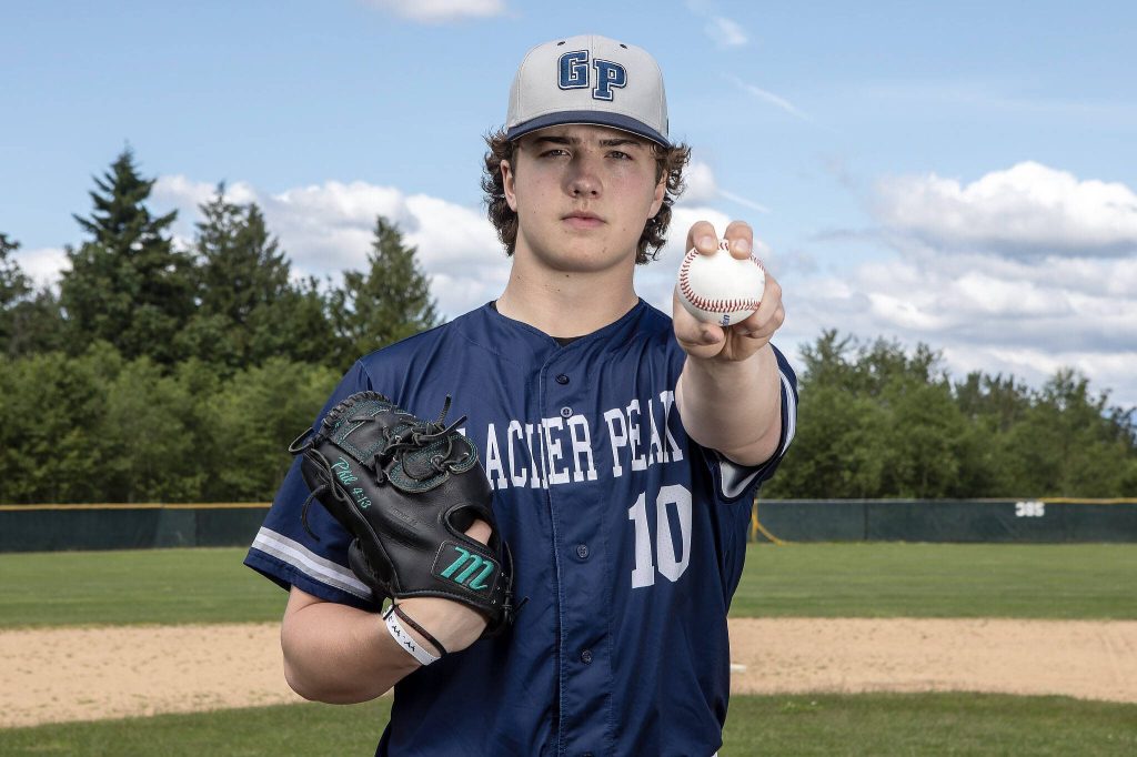 Glacier Peaks Karsten Sweum (10) poses for a portrait as The Heralds Baseball Player of the Year at Glacier Peak High School on Tuesday, June 18, 2024 in Snohomish, Washington. (Annie Barker / The Herald)