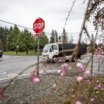 The intersection of Larch Way, Logan Road and Locust Way on Wednesday, March 27, 2024 in Alderwood Manor, Washington. (Annie Barker / The Herald)