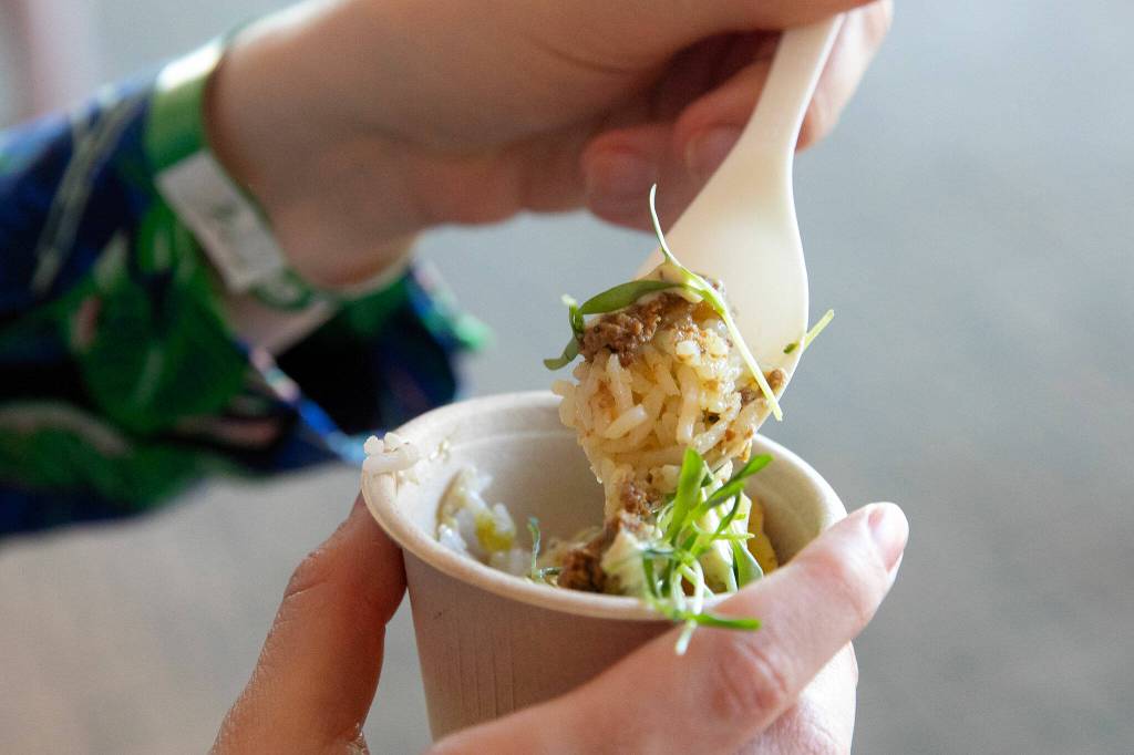 Picadillo beef rice bowl from Bad Chancla at Crave! Northwest food festival at the Lynnwood Event Center on Friday, June 21, 2024, in Lynnwood, Washington. (Ryan Berry / The Herald)