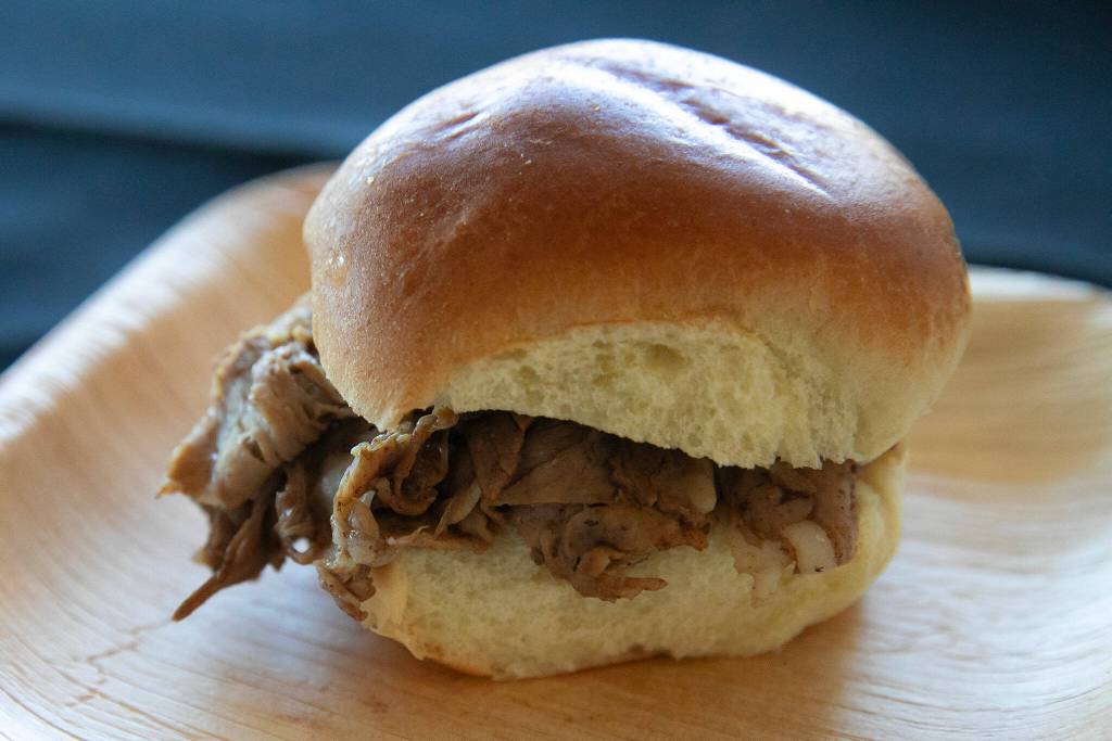 A prime rib slider from The Victor Tavern at Crave! Northwest food festival at the Lynnwood Event Center on Friday, June 21, 2024, in Lynnwood, Washington. (Ryan Berry / The Herald)