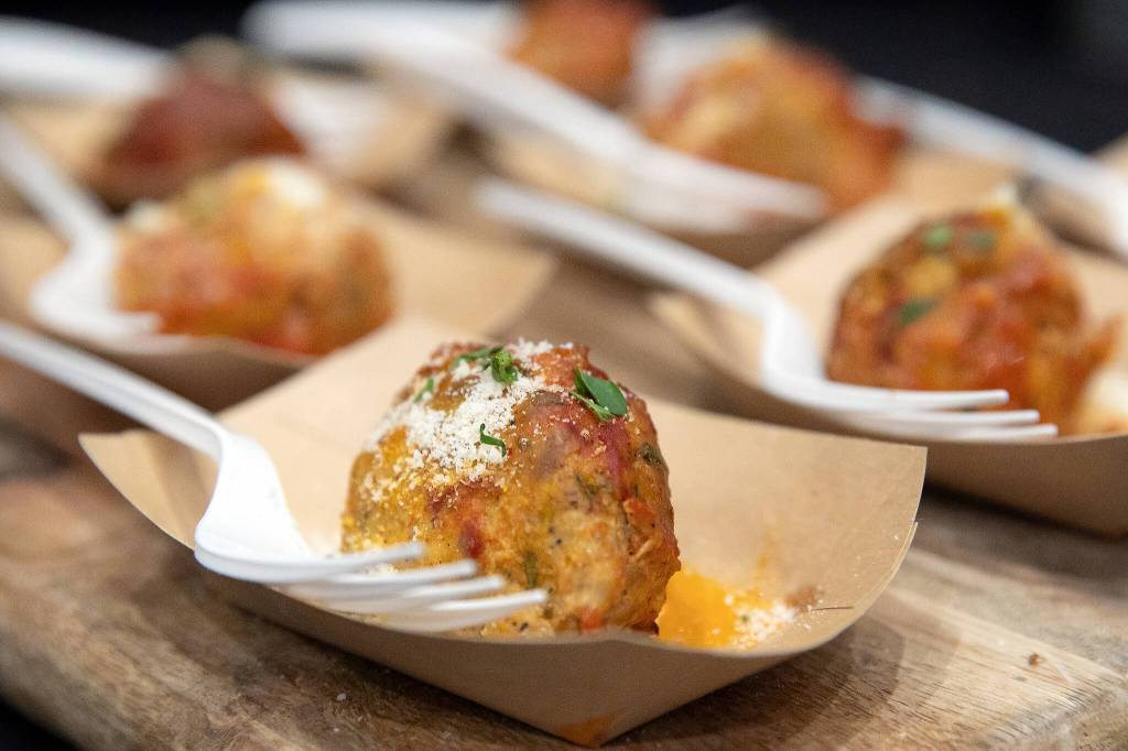 Pork meatballs from Bothell’s The Cottage at Crave! Northwest food festival at the Lynnwood Event Center on Friday, June 21, 2024, in Lynnwood, Washington. (Ryan Berry / The Herald)