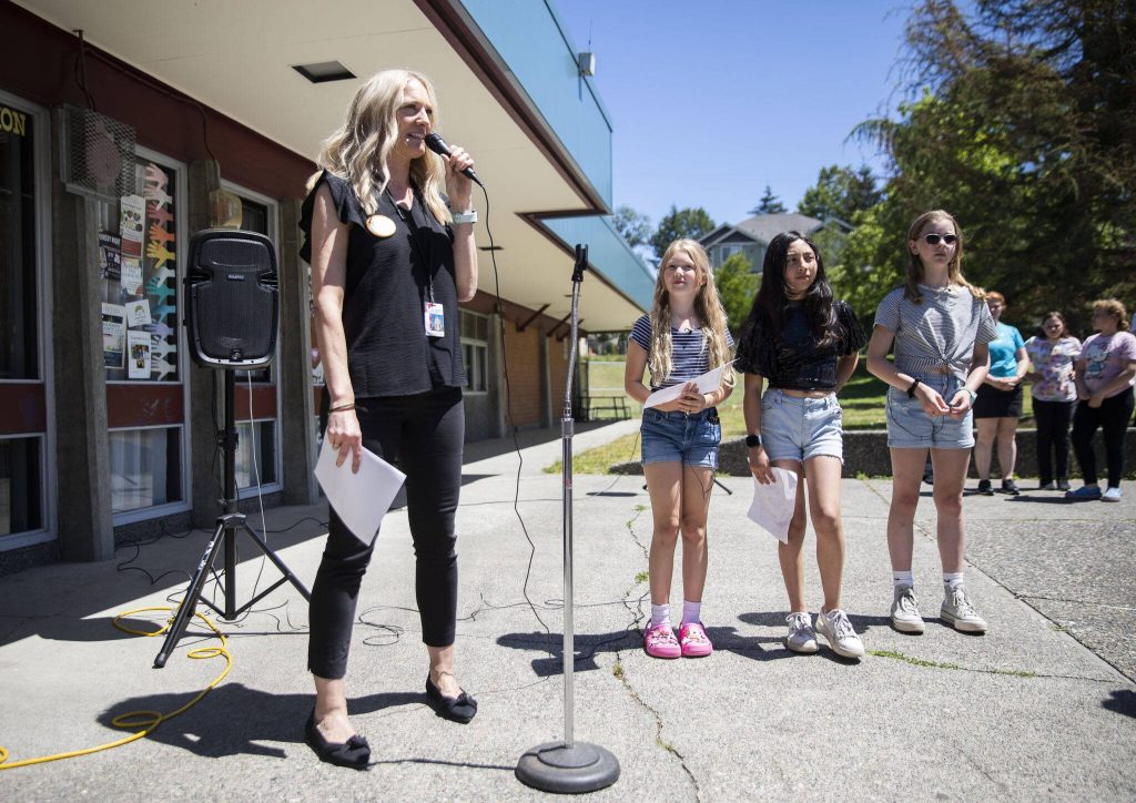 Oak Heights Elementary Principal Jessica Asp speaks to the crowd gathered for the groundbreaking on Tuesday, June 25, 2024, in Lynnwood, Washington. (Olivia Vanni / The Herald)