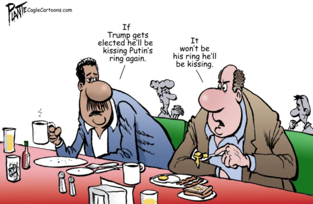 Trump and Putin sittin' in tree, Donald J. Trump, russian President Vladimir, kissing. ring, friends, two guys at a diner, breakfast, Campaign 2024, Election 2024, Ukraine, NATO, war