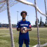 Shorewood senior Isaak Abraham poses for a portrait as The Heralds Boys Soccer Player of the Year at Shorewood High School on Wednesday, June 19, 2024 in Shoreline, Washington. (Annie Barker / The Herald)