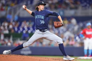 Logan Gilbert of the Seattle Mariners pitches against the Miami Marlins during the first inning at LoanDepot park on Saturday, June 22, 2024, in Miami. (Megan Briggs / Getty Images)