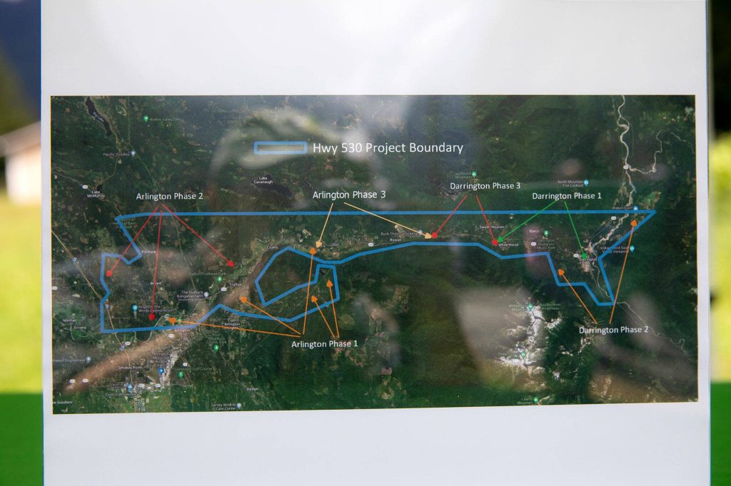 A map outlining the SR 530 Broadband Project is on display on Wednesday, June 26, 2024, at Darrington Fire District Station 38 outside Darrington, Washington. (Ryan Berry / The Herald)