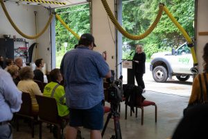 Sno-Isle Libraries Executive Director Lois Langer Thompson speaks during a press conference and groundbreaking for the SR 530 Broadband Project on Wednesday, June 26, 2024, at Darrington Fire District Station 38 outside Darrington, Washington. (Ryan Berry / The Herald)