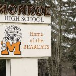 The Monroe High School sign as seen on March 1, 2024, in Monroe, Washington. The school district provides free drug and alcohol treatment services to students at Monroe High School, Hidden River Middle School, Park Place Middle School and Leaders in Learning High School. (Photo by Evan Morud)