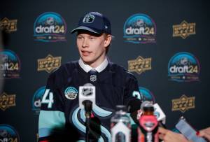 Everett Silvertips center Julius Miettinen speaks to the media after being selected by the Seattle Kraken in the second round of the NHL draft Saturday in Las Vegas. (Natalie Shaver / CHL Images)