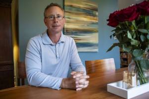 State Sen. Jesse Salomon poses for a photo at his home in Shoreline, Washington on Friday, May 17, 2024. (Annie Barker / The Herald)