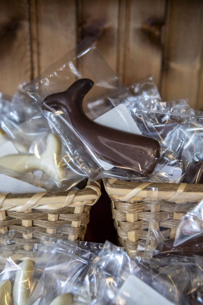 Chocolate whales are displayed inside Sweet Monas Chocolates. (Annie Barker / The Herald)