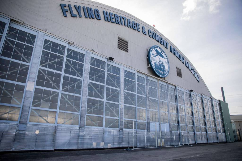 Outside of the Flying Heritage & Combat Armor Museum on Friday, March 29, 2024 in Everett, Washington. (Olivia Vanni / The Herald)