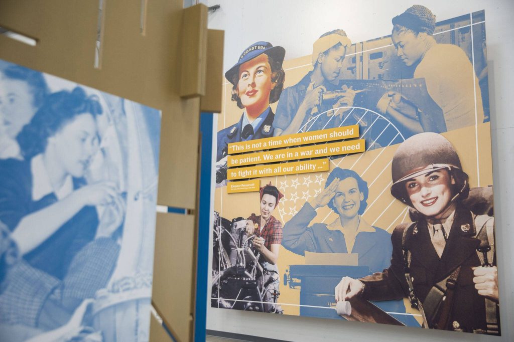 The Her Story: The Roles of Women in WWII display in the Charlie Hangar at the Flying Heritage & Combat Armor Museum on Friday, March 29, 2024 in Everett, Washington. (Olivia Vanni / The Herald)
