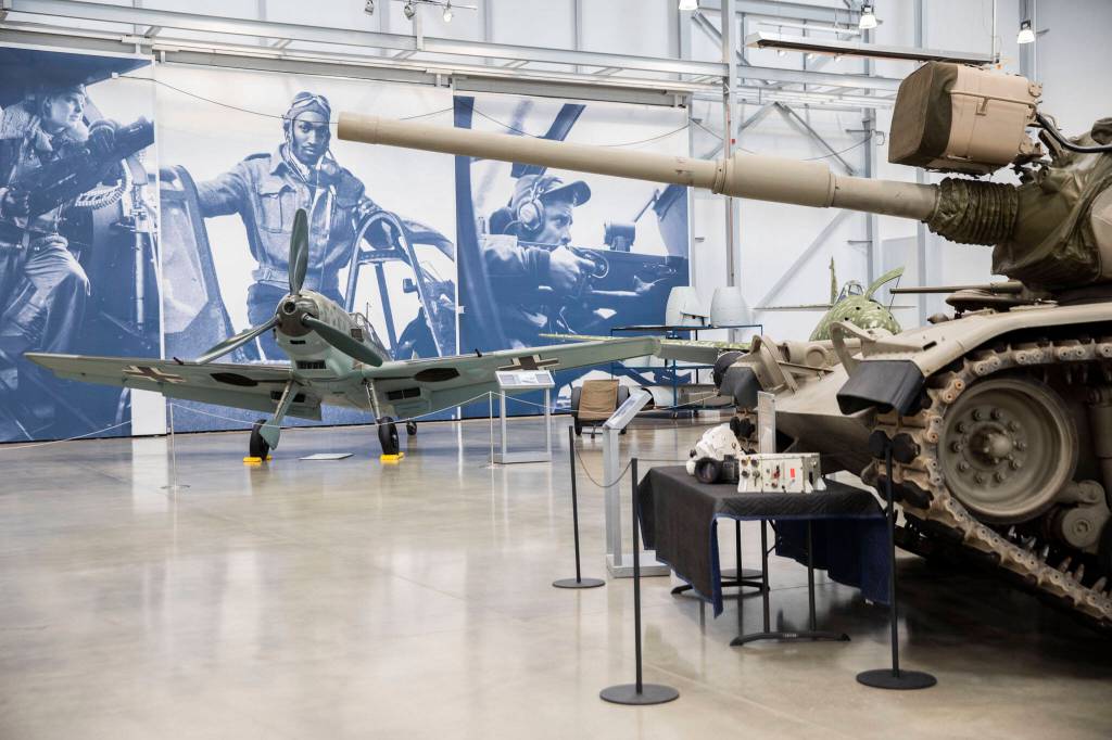 Tanks and planes on display in the Charlie Hangar of the Flying Heritage & Combat Armor Museum on Friday, March 29, 2024 in Everett, Washington. (Olivia Vanni / The Herald)