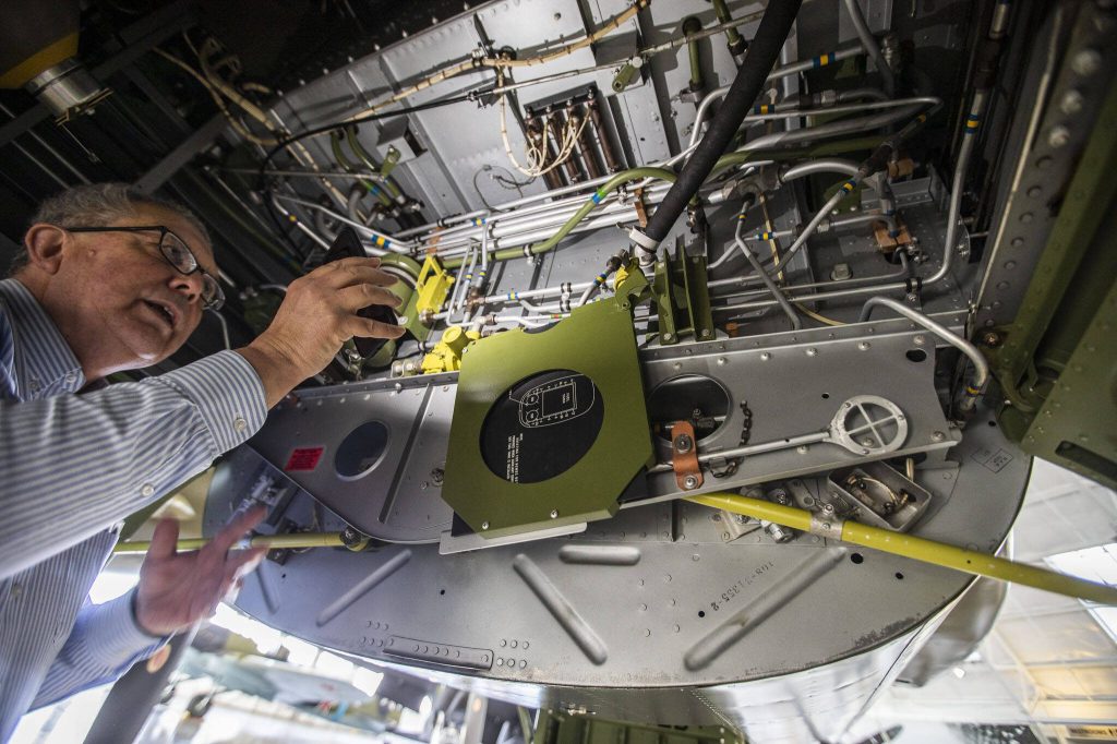 Inside the bomb storage area of a North American B-25J Mitchell at the Flying Heritage & Combat Armor Museum on Friday, March 29, 2024 in Everett, Washington. (Olivia Vanni / The Herald)