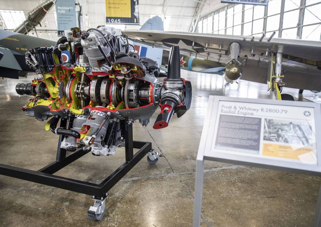 An exposed Pratt & Whitney R-2800-79 Radial Engine on display at the Flying Heritage & Combat Armor Museum on Friday, March 29, 2024 in Everett, Washington. (Olivia Vanni / The Herald)