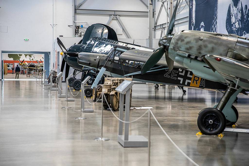 Planes on display inside Charlie Hangar at the Flying Heritage & Combat Armor Museum on Friday, March 29, 2024 in Everett, Washington. (Olivia Vanni / The Herald)