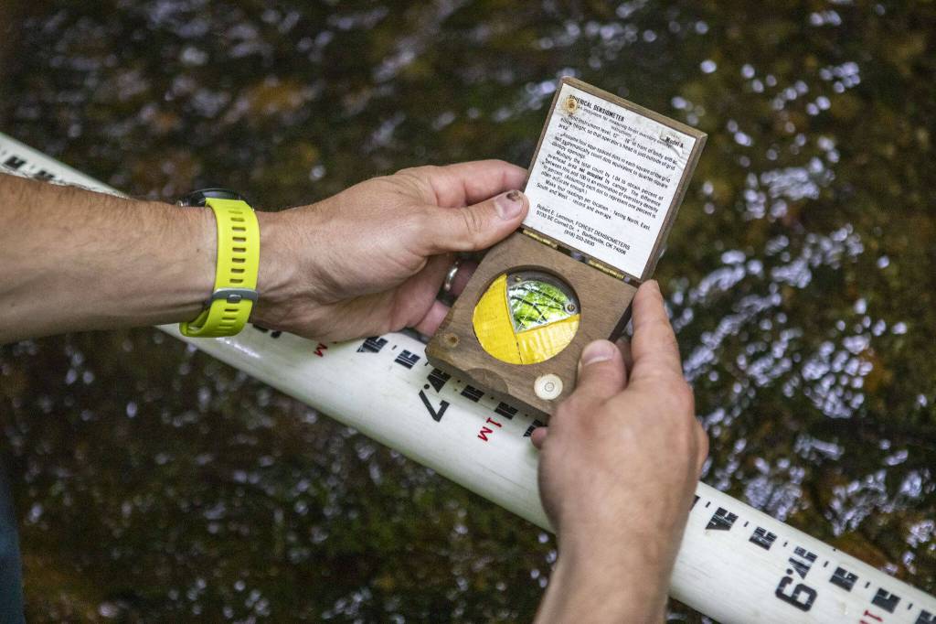 Stuart Baker takes a measurement of shade provided by the canopy as a part of the countys State of Our Waters survey at Tambark Creek in Bothell, Washington on Monday, July 1, 2024. (Annie Barker / The Herald)