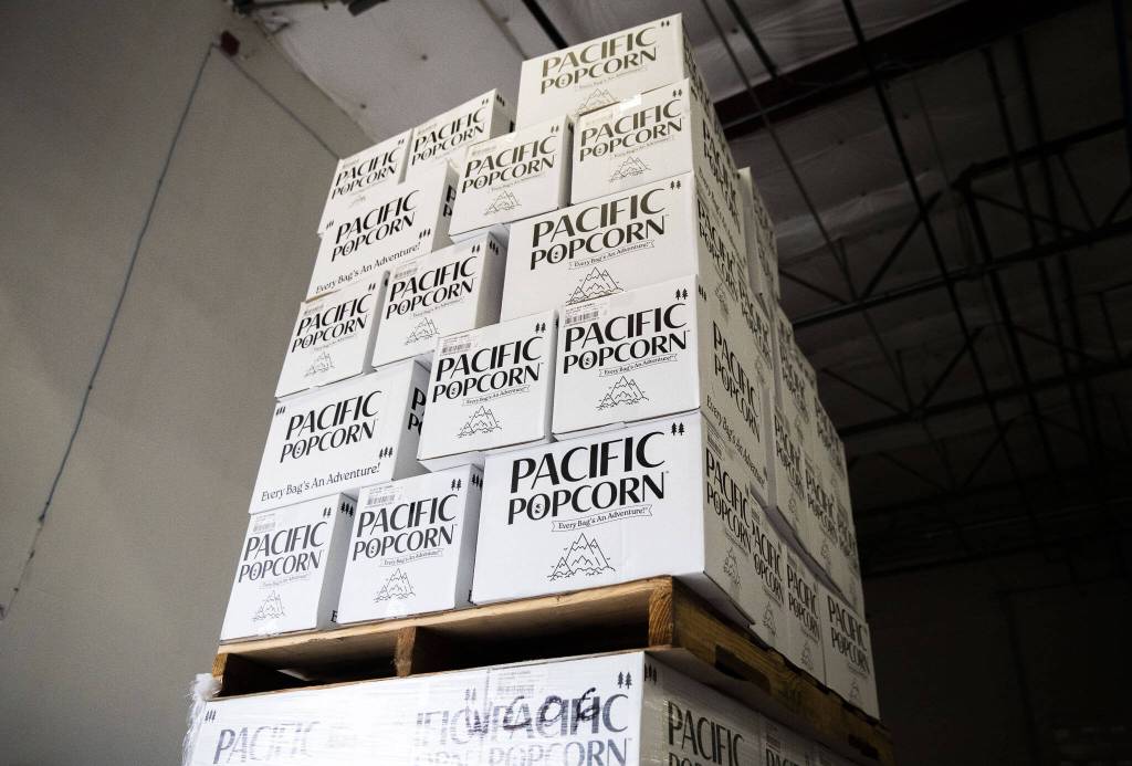 Pallets of Pacific Popcorn on Tuesday, June 18, 2024 in Monroe, Washington. (Olivia Vanni / The Herald)