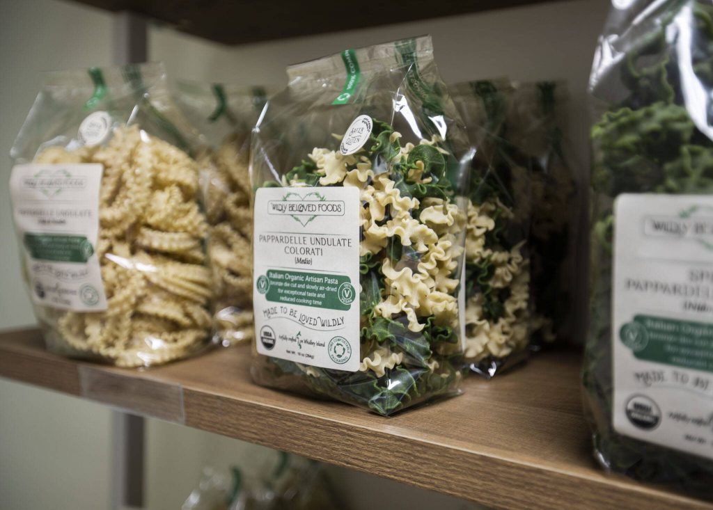 A selection of dried pastas at Wildly Beloved Foods on Thursday, June 27, 2024 in Clinton, Washington. (Olivia Vanni / The Herald)