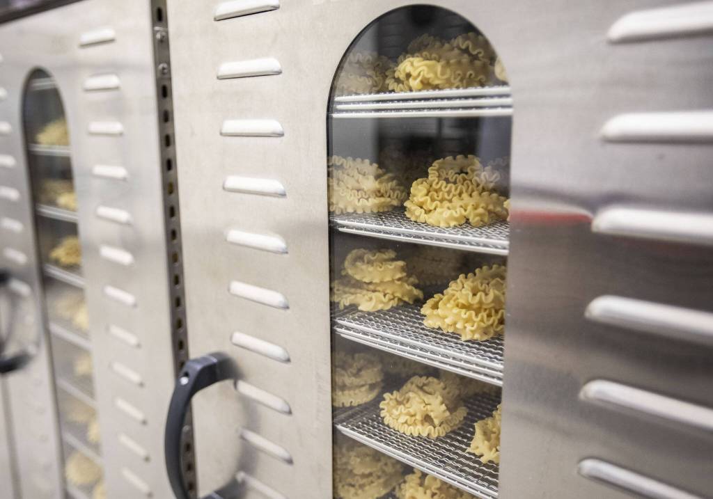 Fresh pasta sits inside a dryer at Wildly Beloved Foods on Thursday, June 27, 2024 in Clinton, Washington. (Olivia Vanni / The Herald)