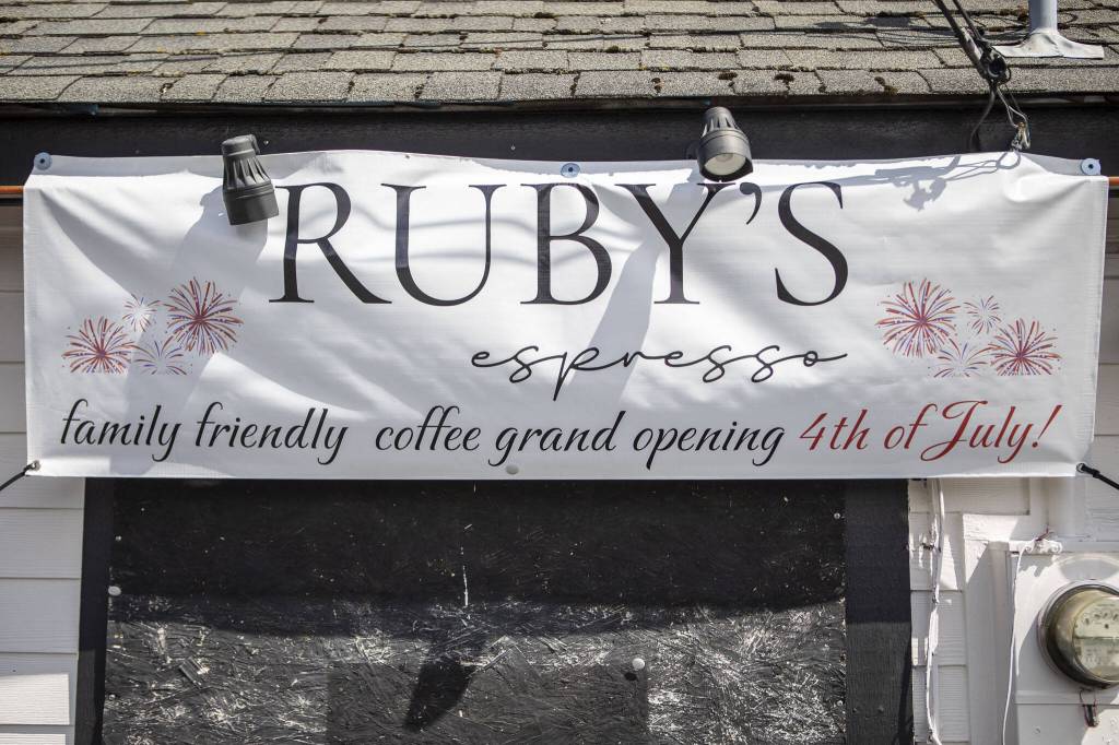 A new banner at Rubys Espresso in Everett, Washington on Tuesday, July 2, 2024. (Annie Barker / The Herald)