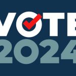 Vote 2024. US American presidential election 2024. Vote inscription, badge, sticker. Presidential election banner Vote 2024, poster, sign. Political election campaign symbol. Vector Illustration
