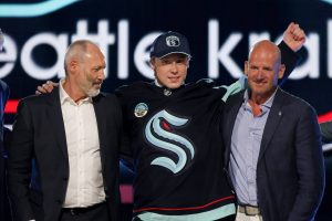 Berkly Catton is selected by the Seattle Kraken with the eight overall pick during the first round of the NHL Draft at Sphere on Friday, June 28, 2024, in Las Vegas. (Bruce Bennett / Tribune News Service)