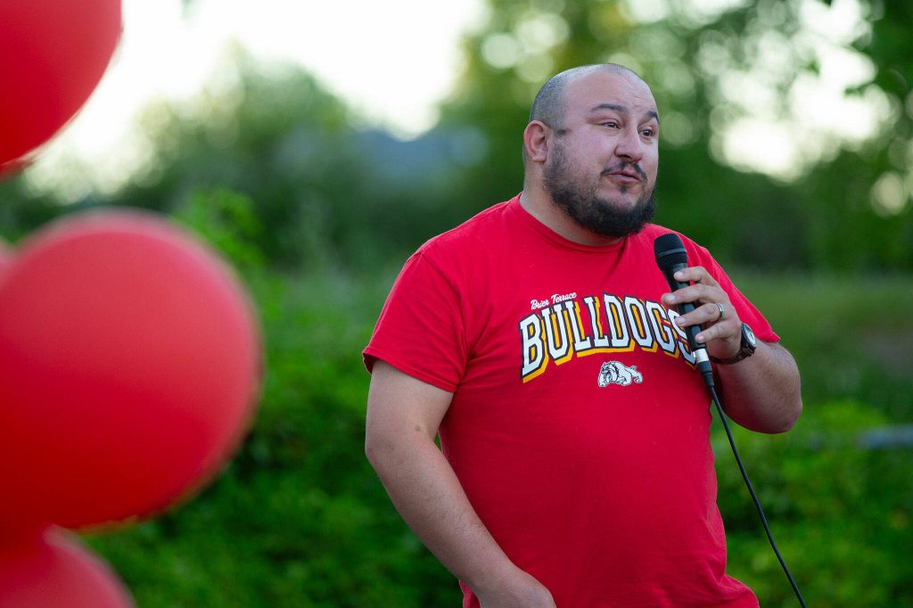 Alexander Diaz, who had Jayda in class at Brier Terrace Middle School, speaks during a vigil held in memory of Jayda Woods-Johnson at Mountlake Terrace High School on Sunday, July 7, 2024, in Mountlake Terrace, Washington. (Ryan Berry / The Herald)