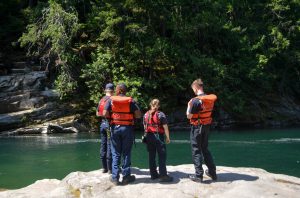 Firefighters and EMTs with Sky Valley Fire tour Eagle Falls while on an observational trip on Wednesday, July 10, 2024, near Index, Washington. (Jordan Hansen / The Herald)