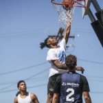 FAB and WeAreEverett face off in the 18 and older mens bracket during the Everett 3on3 tournament in downtown Everett, Washington on Sunday, July 14, 2024. (Annie Barker / The Herald)