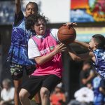 TMNT players and Immortals players compete in the 14-15 year old male bracket during the Everett 3on3 tournament in downtown Everett, Washington on Sunday, July 14, 2024. (Annie Barker / The Herald)